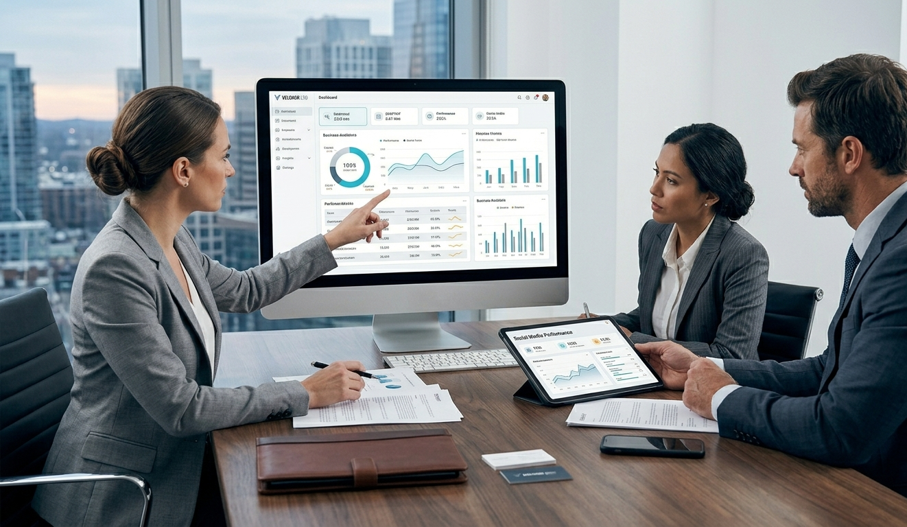 VELOXOR team reviewing performance dashboards.